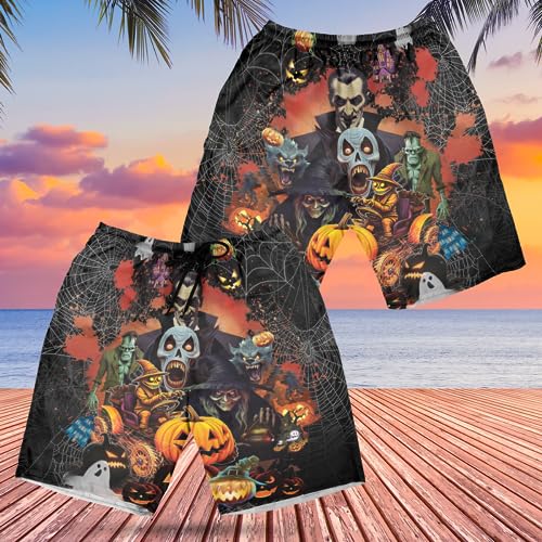 Halloween Characters Men's Swim Trunks - Cobwebs Hawaiian Shorts for Men, Men's Summer Bathing Shorts Set 432