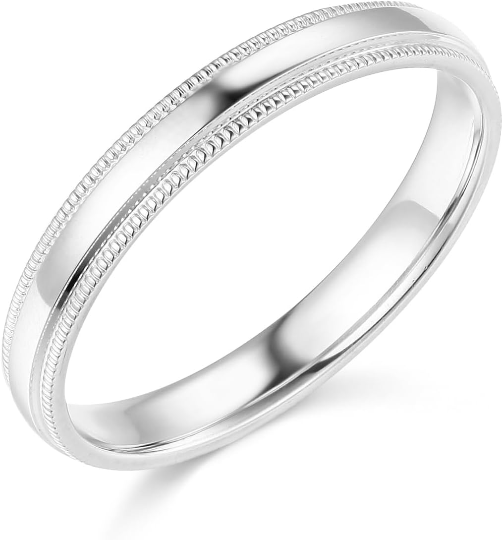 The World Jewelry Center 14k White Gold SOLID COMFORT FIT Plain Milgrain Wedding Band - Select Option