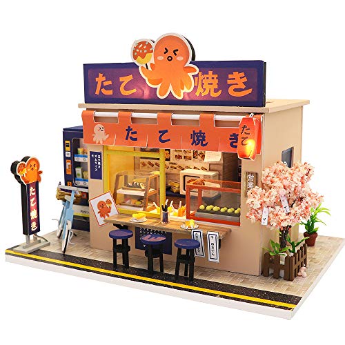 Dollhouse Miniature with Furniture, DIY Wooden Doll House Kit Japanese-Style Plus Dust Cover and Music Movement , 1:24 Scale Creative Room Idea Best Gift for Children Friend Lover?Star Takoyaki?