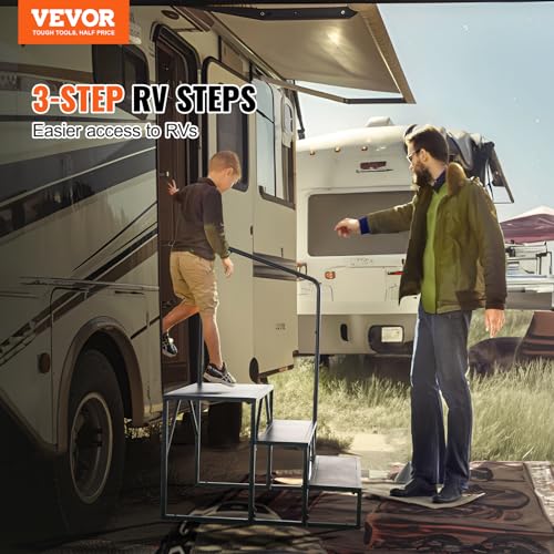VEVOR Wohnmobil-Stufen, 3-stufige Wohnmobil-Treppe, 200 kg Tragkraft, Verdickter Kohlenstoffstahl, mit Handlauf, rutschfeste Stufen für Sicheres EIN- und Aussteigen, Geeignet für Wohnmobil, Anhänger