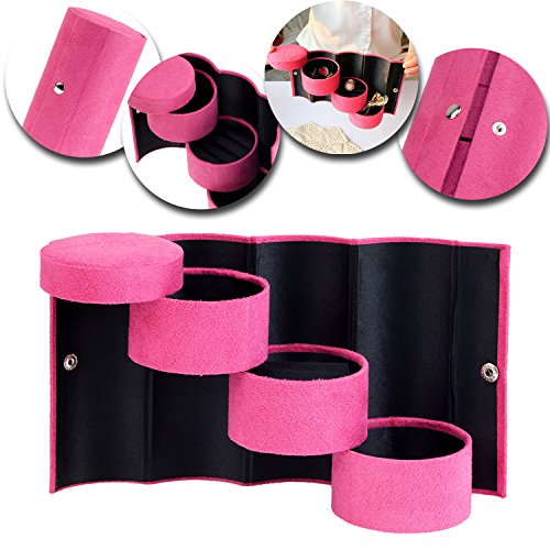 Classy Elegant Transportable Travel Roll Up Velvet jewelry Box/Case/Organizer/Holder With 3 Round Multi Tier Compartments In Rose Red Colors By VAGA