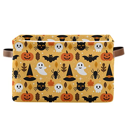 Large Storage Basket Halloween Spooky Skull Pumpkin Black Cat Foldable Storage Box Organizer Bins with Handles for Bedroom Home Office