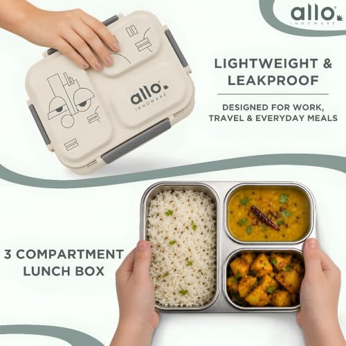 Image of Allo Bento Stainless Steel Lunch Box for Adult- BIS Approved, 304 Stainless Steel 3 Compartment Leakproof Tiffin Box for Boys and Girls for School, Travelling, Office, 740ml Green