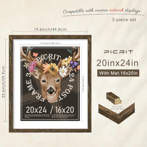 Image of Picrit 20x24 Rustic Brown Picture Frame, Poster Frame for Wall, 3 Pack