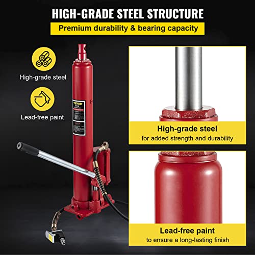 Image of VEVOR Hydraulic /Pneumatic Long Ram Jack, 8 Tons /17363 lbs Capacity, with Single Piston Pump and Clevis Base, Manual Cherry Picker w /Handle, for Garage /Shop Cranes, Engine Lift Hoist, Red