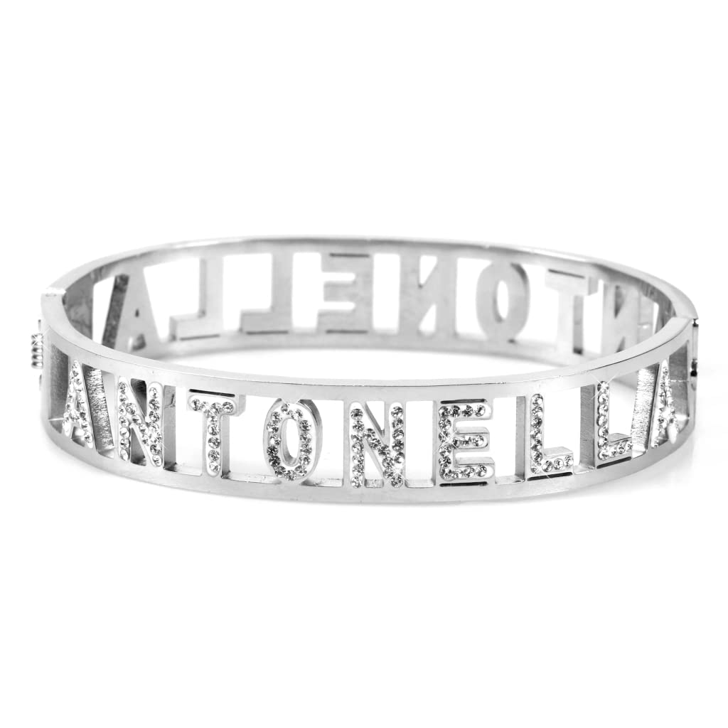Flowers Bracciale Rigido Acciaio con Nome Vari e Zirconcini Sacchettino in Tessuto Scritta Nome ricoperta di Strass Brillantissimi Bracciale a Manetta Donna Chiusura a Molla Idea Regalo