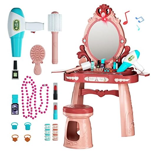 UNIH Kids Vanity Toys for 2 3 4 5 Year Old Girls Toddler Vanity Set with Mirror Chair Pretend Play Makeup Table for Little Girls