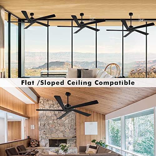 Wingbo 72 Inch Dc Ceiling Fan No Light With 3 Downrods, 5 Reversible Carved Solid Wood Blades, 6-Speed Noiseless Dc Motor, Ceiling Fan Without Lights In Matte Black Finish, Etl Listed #TOP6