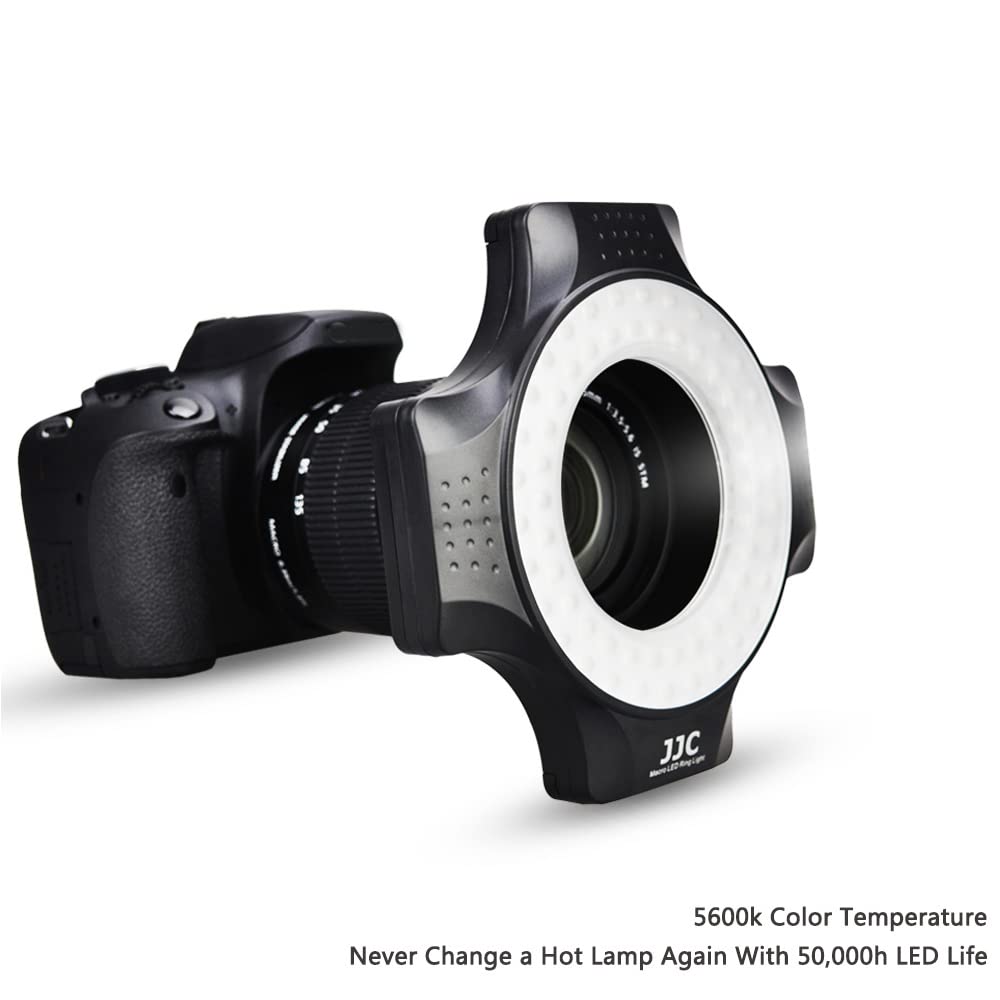 JJC Makro LED lampa pierścieniowa z 60 diodami LED o wysokiej intensywności, dyfuzor lampy błyskowej do obiektywu Canon Sony Nikon Olympus Fuji DSLR, 6 pierścieni dopasowania obiektywu - od 49 mm do