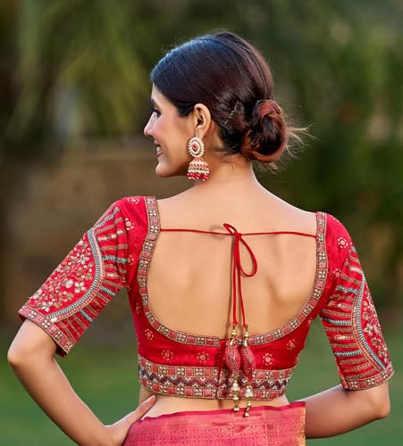 Image of Pujia Mills Mills Women's Fancy Readymade Heavy Coding Embroidary Worked Half Sleeve Multicolor Saree Blouse(Mushroom)