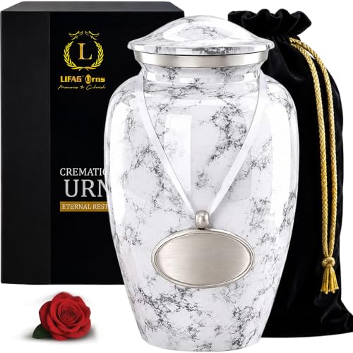 Image of White Cremation Urns for Human Ashes Adult Female & Male with Customizable Medallion | Elegant White Marble Finish Metal Memorial Urn for Men & Women | Decorative Funeral Urns - Large, 220 lbs