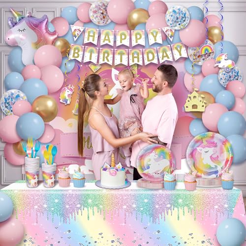 Image of Unicorn Birthday Decorations for Girls, Unicorn Party Supplies Kit, All in One Birthday Decor Set,Party with 12 Tableware Sets, Banner, Backdrop, Ballons, Paper Plates