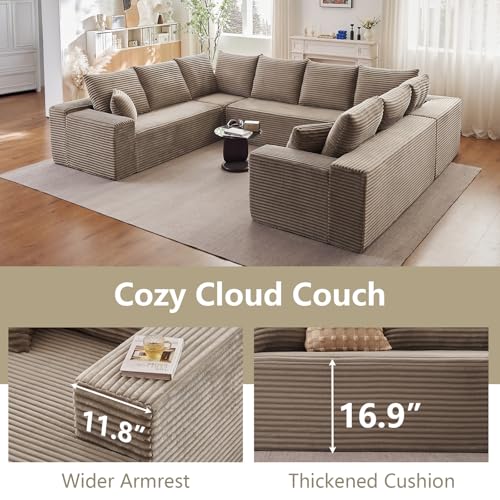 Image of Sectional Cloud Couch for Living Room, Big Comfy Corduroy Couches Set with Fluffy Memory Foam, Modular Floor Deep-Seat Sofa, Stupendous U Shaped Sofas with 12 Pillows, No Assembly Required, Camel