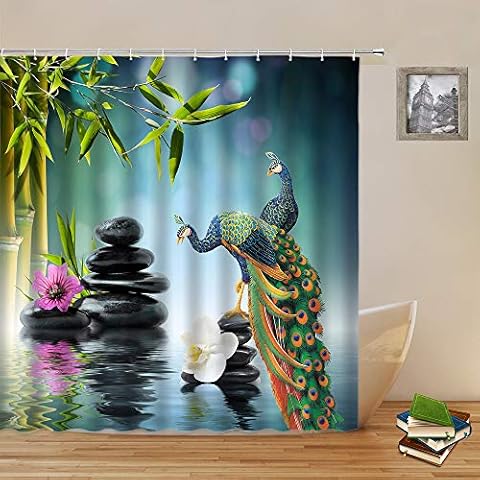 Yadshoti Zen Garden Shower Curtains Beautiful Peacock Spa Green Bamboo Stone Purple White Flower Plant Water Landscape Bathroom Decor Polyester Fabric Hanging Curtain Set 70 x 70 Inch with Hooks Cover