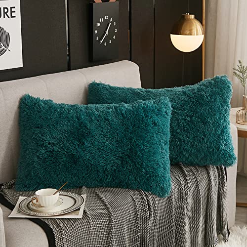 WERDIM Shaggy Fluffy Faux Fur Pillowcases 2 Pack Button Closure Velvet Pillow Shams Standard/Queen Size (Teal Green, 20 X 26 Inches)