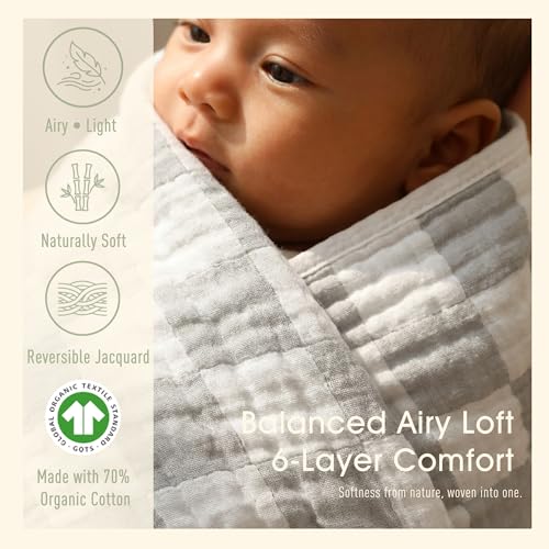 Image of 6-Layer Muslin Baby Blanket Made with Organic Cotton - Classic Neutral Checkered, Swaddle & Crib Quilt, 43 inchx43 inch,Grey Checkered