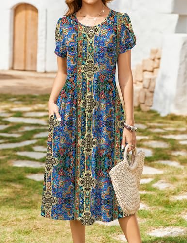 Image of Zeagoo Womens Summer Dresses Casual Aline Midi Dress Short Sleeve Floral Tshirt Dress Flowy Beach Sundresses with Pockets