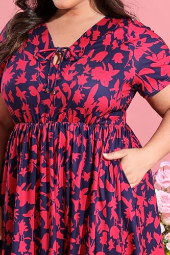 Image of RITERA Plus Size Dresses for Curvy Women Short Sleeve V-Neck Summer Dress Floral /Solid Midi Sundress with Pockets XL-5XL