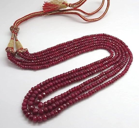 Natural 4mm Ruby Jade Faceted Rondelle Bead Necklace – 3 Strands, 16–19" Adjustable Tassel Clasp Wedding Jewelry for Women