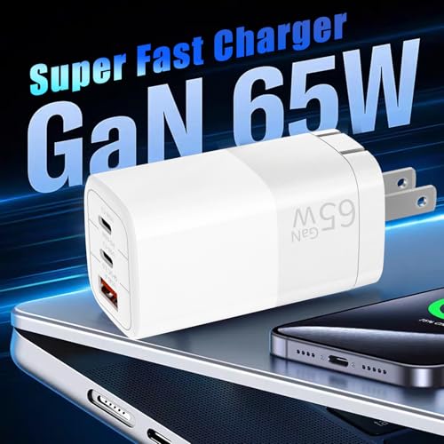 Image of 65W GaN Fast Charger, 3-Port USB C PD Power Adapter | (2xUSB-C + 1xUSB-A) - Compact & Foldable for MacBook Pro /Air, iPhone 16, iPad, Galaxy S25, Dell XPS