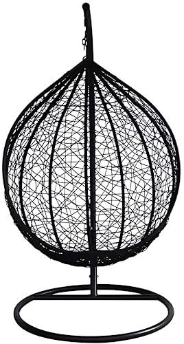 Image of Hindoro Rattan Wicker Wrought Iron Single Seater Swing Chair with Stand & Cushion & Hook Outdoor || Indoor || Balcony || Garden || Patio || Living Outdoor Furniture (Black with Brown, Oval)