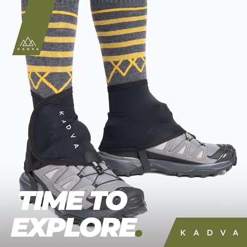 KADVA Gamaschen Wandern ELURRA Schwarz Schlamm-Wasserschutz Elastisches Material Starker Klettverschluss Einfaches Tragen Niedrige Konstruktion Schnürverschluss Ideal für Langlauf