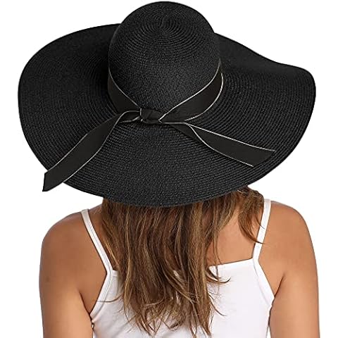 Lanzom Womens 5.5 Inches Big Bowknot Straw Hat Large Floppy Foldable Roll up Beach Cap Sun Hat UPF 50+, Style E Bowknot-black, One Size Cover