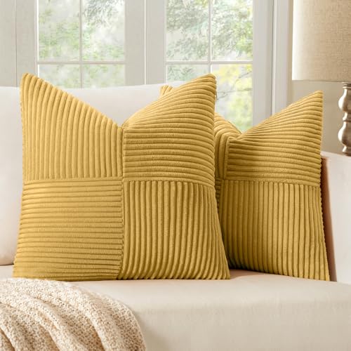 Image of MIULEE Golden Mustard Decorative Throw Pillow Covers 16x16 Inch for Couch Bed Sofa Pack of 2 Boho Farmhouse Throw Pillows Soft Cross Corduroy Patchwork Textured Cushion Cases