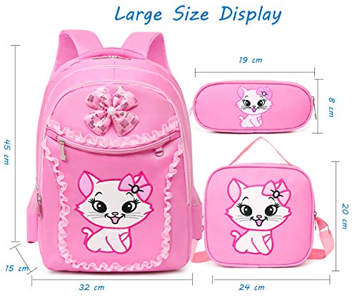 Debbieicy Cute Cat Printing Lace Backpack Lightweight Princess School Bag Kids Bookbag Handbag Pen Bag Set For Primary Girls (Large, Pink1(Backpack Handbag Pen Bag)) #TOP2