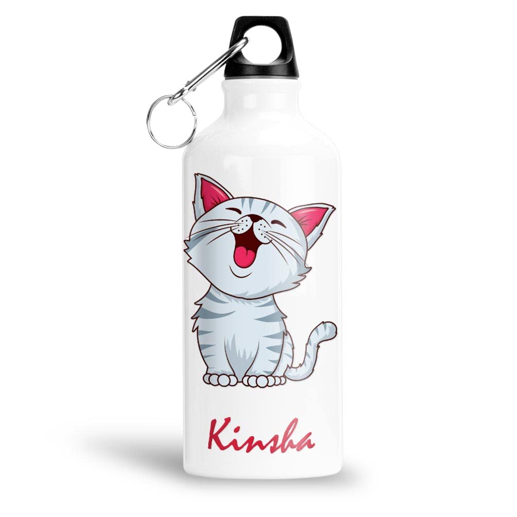 FurnishFantasy Cute Cat Personalised Aluminium 750ml Water Bottle for Kids - Best Birthday Gift for Son, Daughter, Brother, Sister, Return Gift for kids - Color - White, Name - Kinsha
