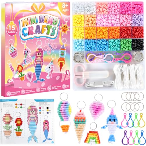 Funtopia Pony Beads Kit for Keychain Making mini Pony Bead Pets for Kids BeginnersIncludes Instructions for 15 Cute Designs and Storage Box Kids Craft Kit for Rainy Day Group and Family Activities