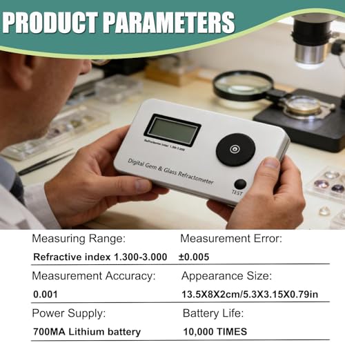 Digital Refractometer (1.300-3.000 RI, ±0.005 Accuracy) for Gemstone Identification | Up to 10000 Tests with Built-in 700mAh Rechargeable Battery | Pro Jewelry Tool