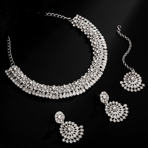 Image of Atasi International Silver Plated White Crystals American Diamonds Stylish Necklace Set with Earrings and Maang Tikka for Women and Girls | Stylish Jewellery for Party, Wedding and Festive Occasions (R6150)