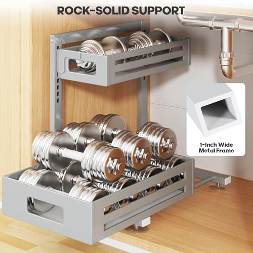 Image of 2 Pack Under Sink Organizer,Pull Out Cabinet Organizer With Smooth Cylindrical Rail,Metal Slide Out Drawer for Kitchen Bathroom Laundry Cabinet,8-Level Tool Free Height Adjustable-Gun Gray