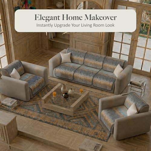 Image of Kuber Industries 5 Seater Sofa Cover | Slipcover for Living Room | Thick & Cozy | Non-Slip Comfort Sofa Cover Set | Paradise 1437 - Grey & Brown