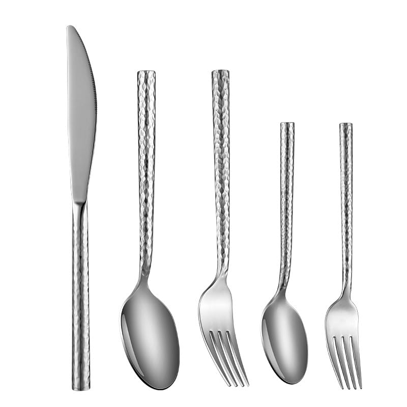 Besteck-Set, 5/20/30/40/50/60-Teilig, Besteck Aus Edelstahl 304, Kreatives Hammermuster, Runder Griff, Leichtes Luxus-Essmesser, Gabel, Löffel, Hotel, Silber,Silver-60 Pieces for 12
