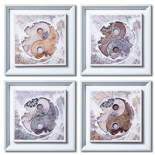 DekoArte - Cuadros Decoracion Salon Modernos YING YANG MANDALA 30x30 cm x4 piezas - Set de Cuadros con Marco Blanco.