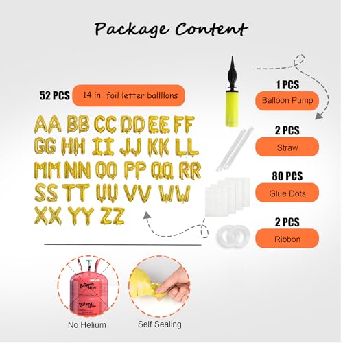 Image of 52 pcs Gold Foil Letter Balloons with Air Pump, 16 Inch 2 A-Z Sets - Mylar Alphabet Balloon Kit for Birthday Banner & Party Decorations
