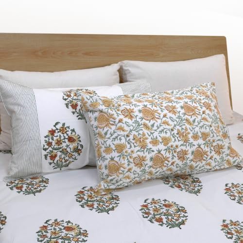 Image of TOAI Hand Block Printed Bedsheet | Bed Spread Flatsheet Bed Sheet | Pure Cotton | Queen Size 90 inchx108 inch | 210 TC Luxury Cotton | 2 Reversible Pillow Covers |Earthy Mugal Motif