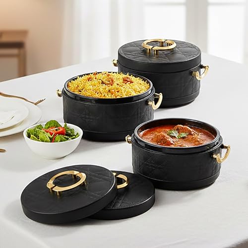 Image of CELLO Ornetto Big Set of 3 Pcs Insulated Steel Casserole Hot Box for Kitchen, Black (1500ml, 2000ml, 2500ml) | Airtight Hot Pot Case Keeps Food Hot & Warm, Casserole Set for Roti Chapati Rice Biryani