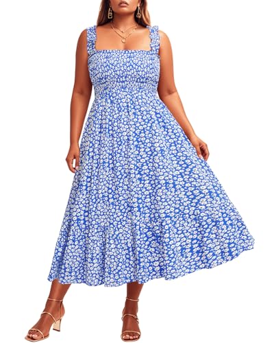Image of Plus Size Summer Dress - Sun Boho Beach Casual Floral Spaghetti Strap Sleeveless Long Maxi Dresses