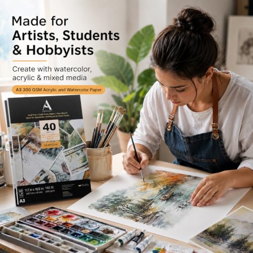 Image of ArtRight Artists' Acrylic Paper (A3 Pack of 40 Sheets, 300 GSM); 300 GSM Handmade Sheets for Gouache & Mixed Media Paintings