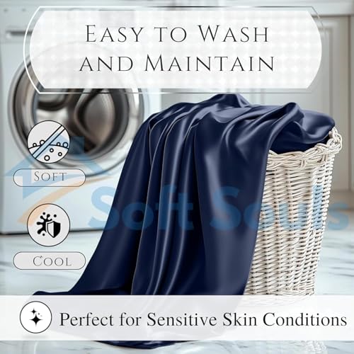 Image of SOFT SOULS Satin Silk Bedsheet with Pillow Covers for Couples, Valentine's Day, Girlfriend, Boyfriend, Husband, Wife, or a Romantic Wedding First Night (Navy B, Queen Bed Sheet)