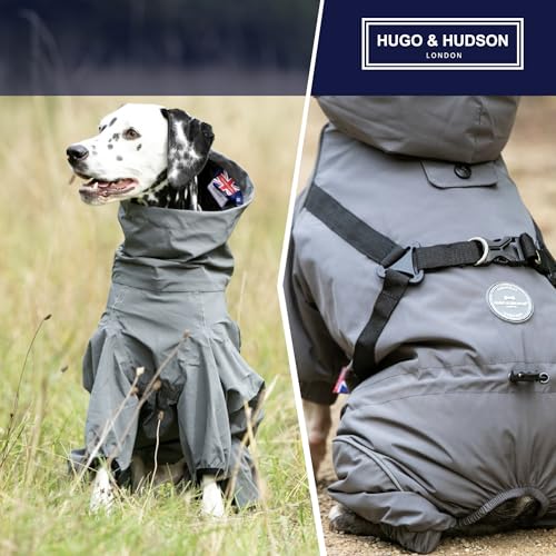 HUGO & HUDSON Winter-Schneeanzugjacke für Hunde, Winddicht mit Kapuze, Schnallen, Geschirr, Grau S35