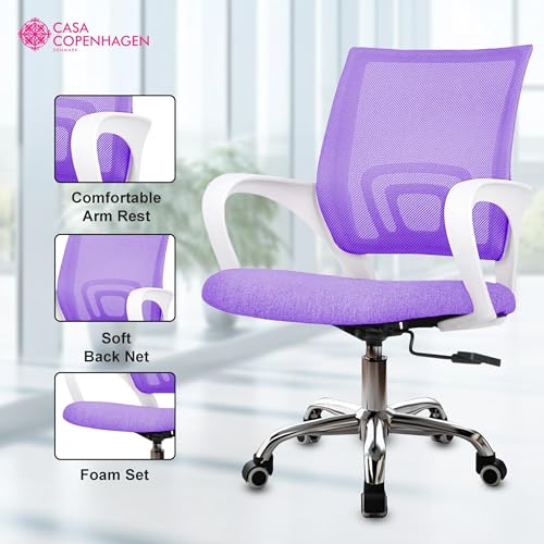 Image of Casa Copenhagen Mesh Mid Back Office /Study /Computer /Revolving /Desk Chair for Work from Home -Metal Base, Height Adjustable Seat- Purple & White Handle