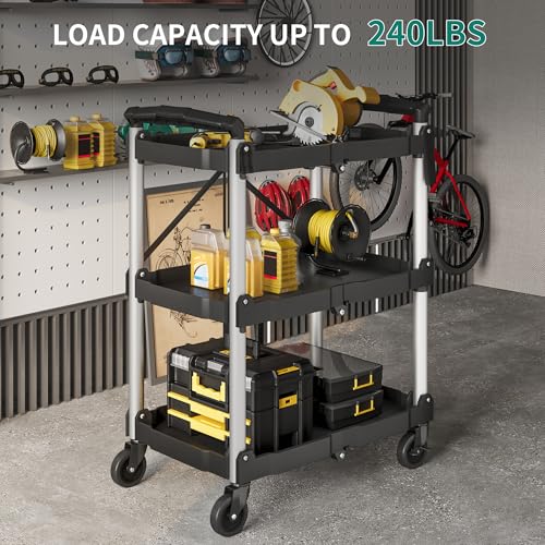 Image of YITAHOME 3-Tier Folding Utility Cart with Wheels (2 Brakes), 240lbs