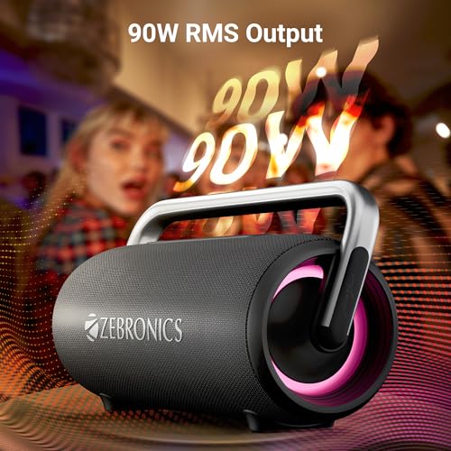 Image of ZEBRONICS AXON 100 Portable Party Bluetooth Speaker, 90W RMS, Quad Drivers + Dual Passive Radiators, IPX5, Upto 6 Hours Playback, Rapid Charging, BT | USB | AUX | TWS, Fabric Finish, RGB, Deep Bass