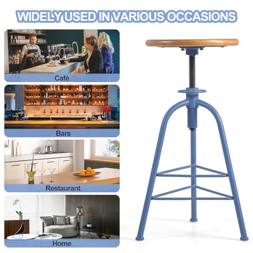 Butacos de Bar, Juego de 2 Butacos de Madera Sólida y Metal, Ajustables en Altura (24"-28.35"), Giratorios, Asiento Redondo, 3 Patas, Base Azul y Tapizado en Roble miniatura 5
