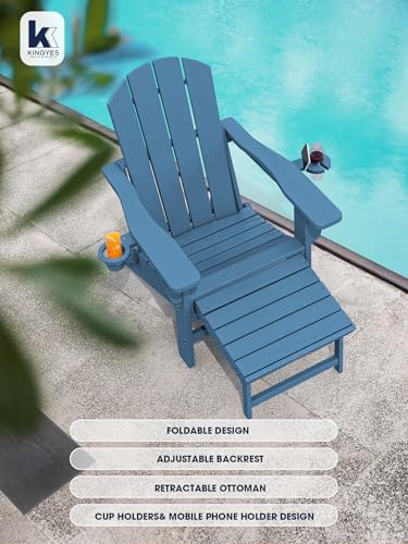 KINGYES Folding Adjustable Adirondack Chair with Retractable Ottoman, HDPE Reclining Adirondack Chair with Cup Holder, Blue - Image 6