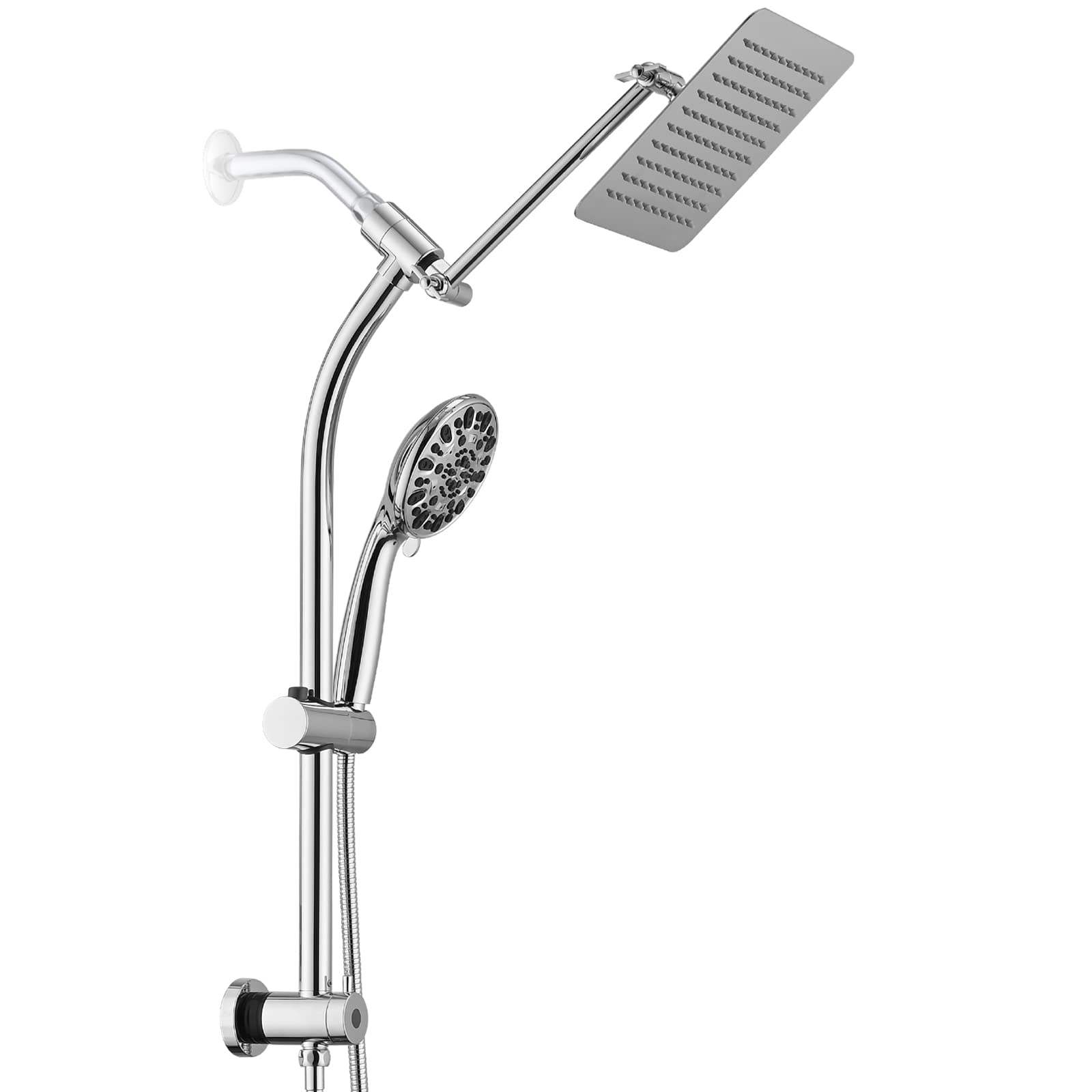 Rainfall 8 Inch Shower Head with High Pressure Handheld Spray Combo, Drill-Free Slide Bar with Adjustable Shower Extension Arm, 3-Way Low Diverter for Easy Reach, 5Ft Hose- Chrome